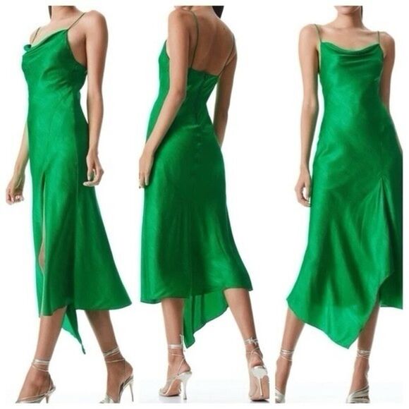 Alice + Olivia Green Harmony Silk Slip Dress Sz 8 Cowlneck Bias Asym Hem - Picture 1 of 9